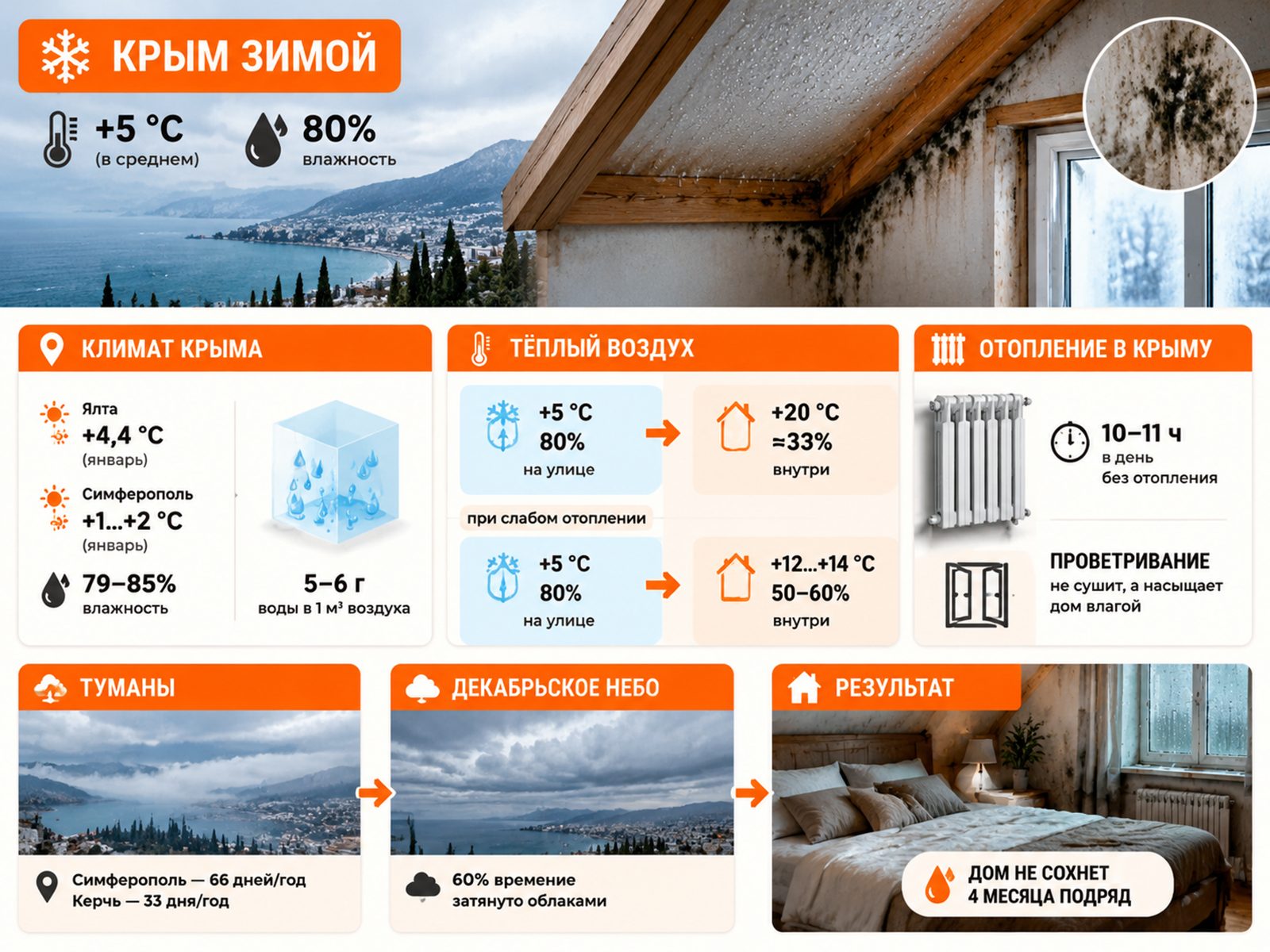 Инфографика «Крым зимой»: +5 °C и влажность 80%, мокрая мансарда и плесень у окна; климат Крыма — Ялта +4,4 °C, Симферополь +1…+2 °C, влажность 79–85%, 5–6 г воды в м³ воздуха; тёплый воздух: +5 °C и 80% на улице дают ≈33% при +20 °C внутри и 50–60% при +12…+14 °C; отопление 10–11 ч в день, проветривание не сушит, а насыщает дом влагой; туманы — Симферополь 66 дней в год, Керчь 33; декабрьское небо 60% времени затянуто облаками; результат — дом не сохнет 4 месяца подряд